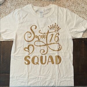 Gildan White and Gold Short Sleeve Tee with Squad Design Sweet 16 for 8 Shirts